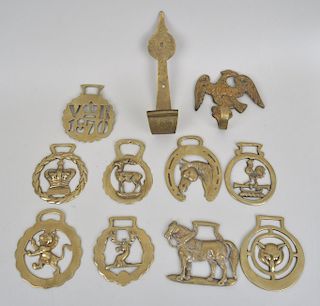 Group Nine Figural Horse Brasses & Two Hooks