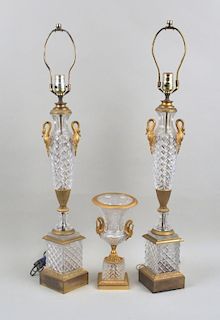 Pair Gilt Metal Mounted Cut Glass Urn Lamps & Urn