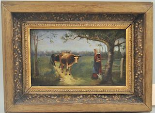 Small Framed O/C Landscape w/Cows & Woman