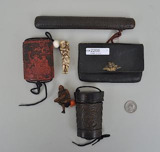 Two Japanese Inro and Pipe Case with Pouch