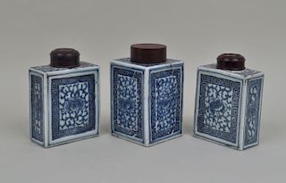Three Chinese Blue & White Porcelain Tea Caddies