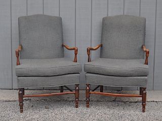 Pair French Upholstered Open Armchairs