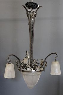 French Art Deco Frosted & Etched Glass Chandelier.