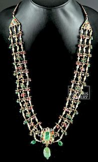19th C. Indian Gilded Silver, Pearl, & Gem Necklace