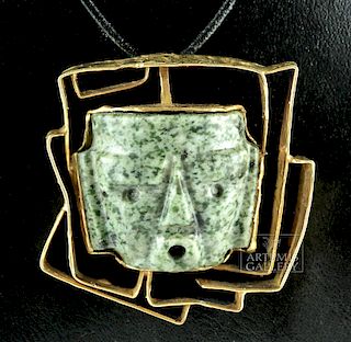 Chontal Stone Maskette in Blumenthal 18K Gold Brooch