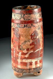 Mayan Polychrome Footed Cylinder w/ Cacao Tree