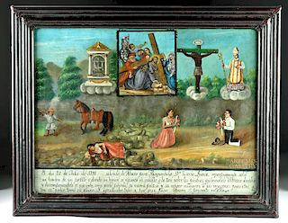 Framed 19th C. Mexican Ex Voto on Canvas - Ex-Sotheby's