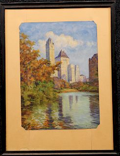 1932 Central Park NYC Watercolor, Signed