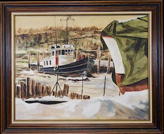 Signed, 20th C. Watercolor of a Harbor Scene