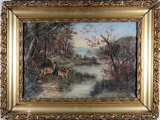 American School, 19th C. Painting of Deer