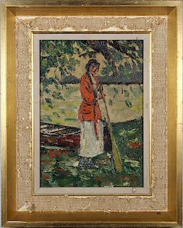 Impressionist Painting of Woman Near River, Signed