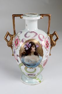 Twin Handled Austrian Porcelain Vase, Signed.