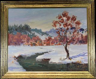 Signed, 20th C. Impressionist Winter River Scene