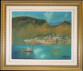 Vintage Painting of a Harbor Scene, Signed