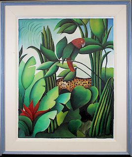 20th C. Painting of Parrot in Tropical Landscape