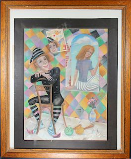 Mixed Media Painting of Harlequins, Signed