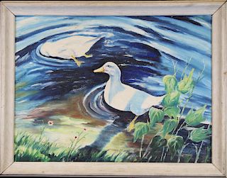 20th C. Painting of Ducks Swimming in Pond