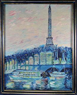 20th C. Painting of Eiffel Tower from the Seine