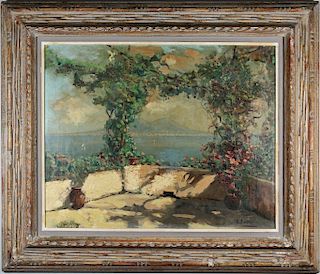 Vintage Painting of an Italian Terrace, Signed