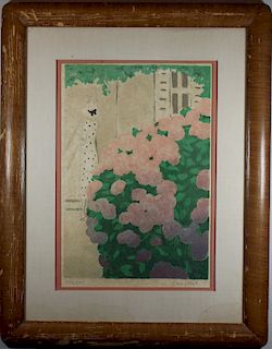 Signed, Vintage Lithograph of a Woman in a Garden