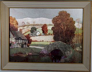 Vintage Countryside Landscape with Figures, Signed