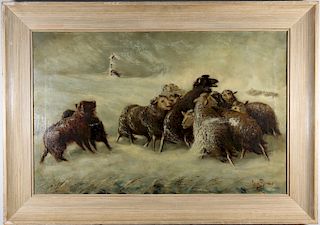 Antique French Winter Landscape w/ Sheep, Signed
