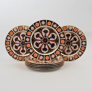 Set of Eight Royal Crown Derby Transfer Printed and Gilt Decorated Dinner Plates in the 'Old Imari' Pattern