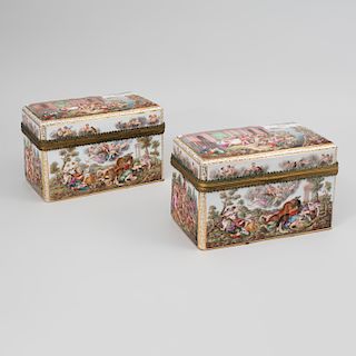 Pair of Meissen Gilt-Metal Mounted Porcelain Boxes with Classical Scenes in Relief