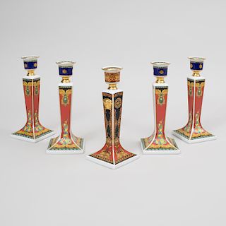 Set of Four Versace Transfer Printed Porcelain Candlesticks in 'Le Roi Soleil' Pattern and another in the 'Medusa' Pattern, for Rosenthal 