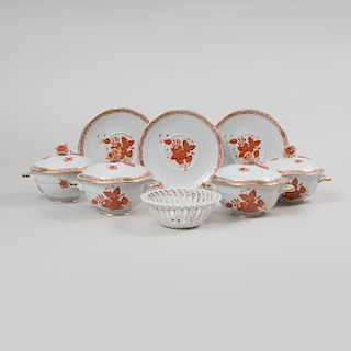 Set of Eleven Herend Porcelain Broth Cups, Covers and Saucers in the Iron Red 'Chinese Bouqet' Pattern