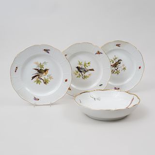 Set of Twelve Meissen Porcelain Ozier Molded Plates and a Bowl, Decorated with Birds