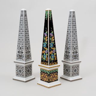 Pair of Versace Transfer Printed Porcelain Candlesticks in the 'Marqueterie' Pattern and a Single in the 'Gold Ivy' Pattern, for Rosenthal