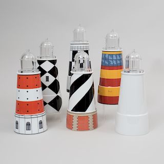 Group of Five Aldo Rossi Transfer Printed Porcelain and Glass 'Il Faro Torre' Light House Form Vessels and Covers, for Rosenthal