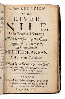 LOBO, Jeronimo (1593-1678). A Short Relation of the River Nile, of its Source and Current. London, 1669. FIRST EDITION.