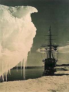 PONTING, Herbert George (1870-1935). The Terra Nova at the Ice-foot, Cape Evans. 1911. LARGE FORMAT silver print.