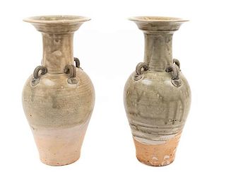 * A Pair of Celadon Glazed Vases Height 13 1/2 inches.