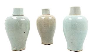 * Three Qingbai Glazed Porcelain Covered Vases Height 12 1/4 inches.