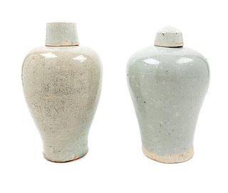 * Two Qingbai Glazed Porcelain Covered Vases Height 12 1/2 inches.