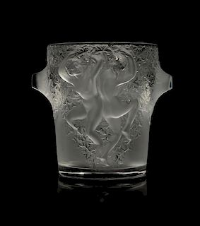 * A Lalique Molded and Frosted Glass Vase Height 9 inches.