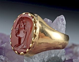18K Gold Ring w/ Roman Jasper Intaglio of Woman