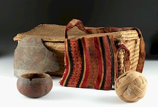Rare Paracas Woven Reed Weaver Basket w/ Contents