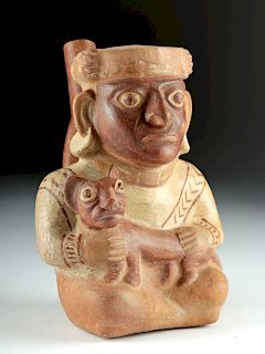 Moche Pottery Stirrup Vessel - Seated Lord & Jaguar Cub