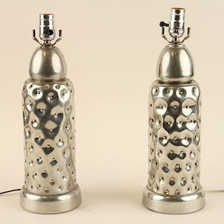 PAIR HOLLYWOOD REGENCY STYLE CHROME TABLE LAMPS