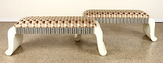 PAIR UPHOLSTERED BENCHES TESSELLATED STONE BASE