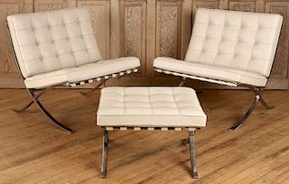PAIR OF BARCELONA CHAIRS & OTTOMAN LABELED KNOLL