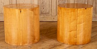 PAIR CYLINDRICAL WOOD END TABLES
