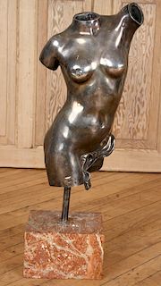 BRONZE TORSO OF A NUDE ON MARBLE BASE