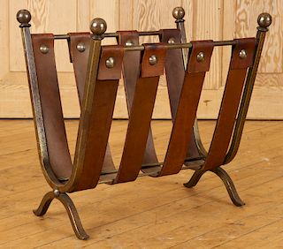 LEATHER STEEL MAGAZINE RACK ATTR TO JACQUES ADNET