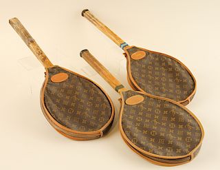 3 WOOD TENNIS RACKETS WITH LOUIS VUITTON COVERS