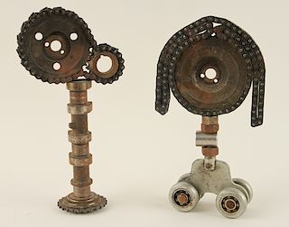 TWO IRON SCULPTURES CONSTRUCTED FROM GEAR PARTS